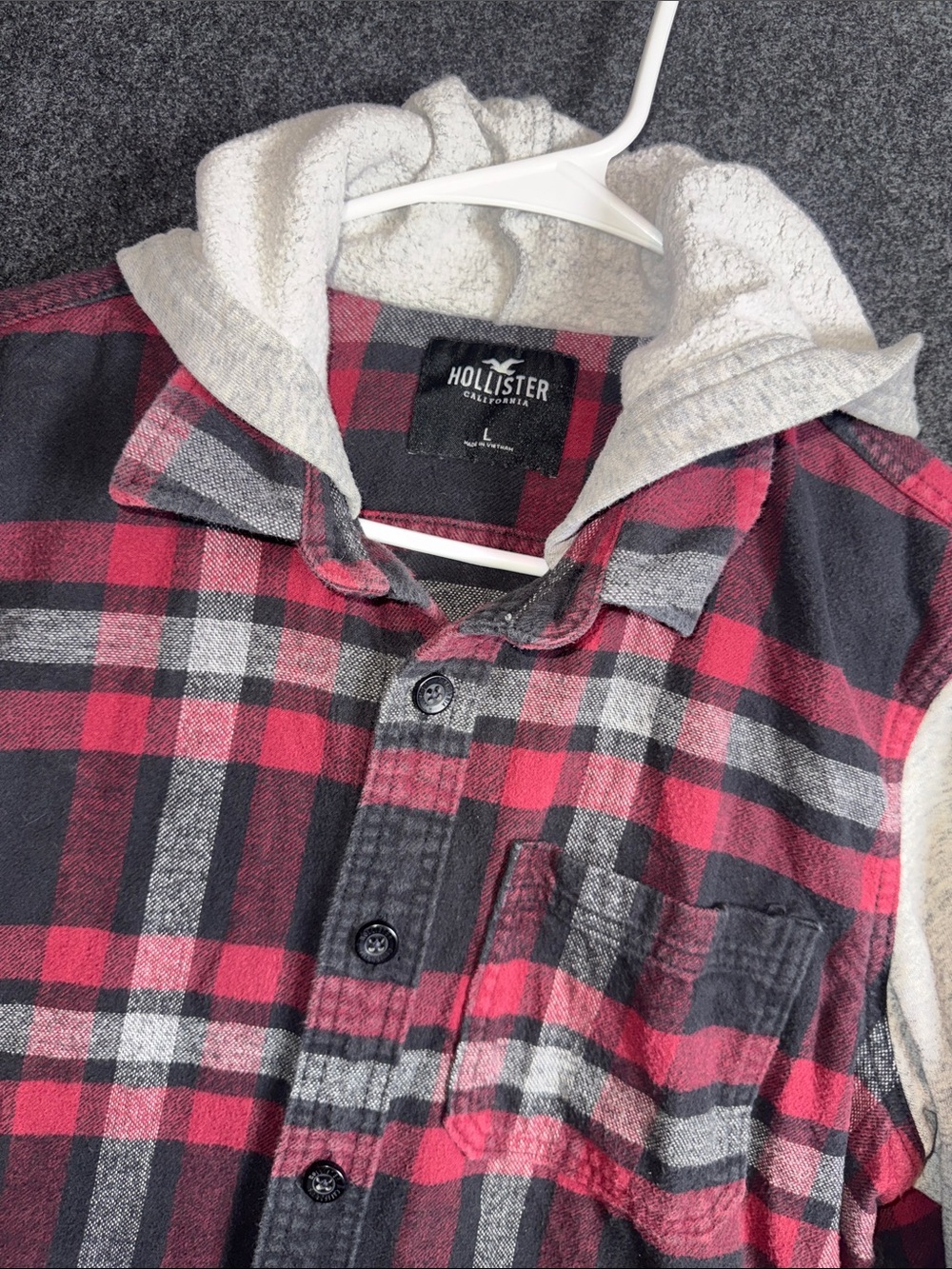 Hollister Red, Black & Gray Plaid Hooded Flannel Shirt - Picture 1 of 10